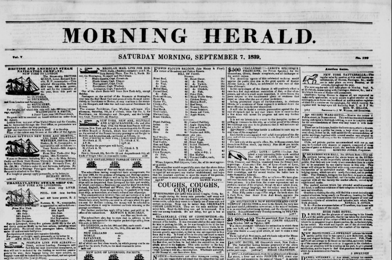 screenshot of a 1839 edition of the Morning Herald