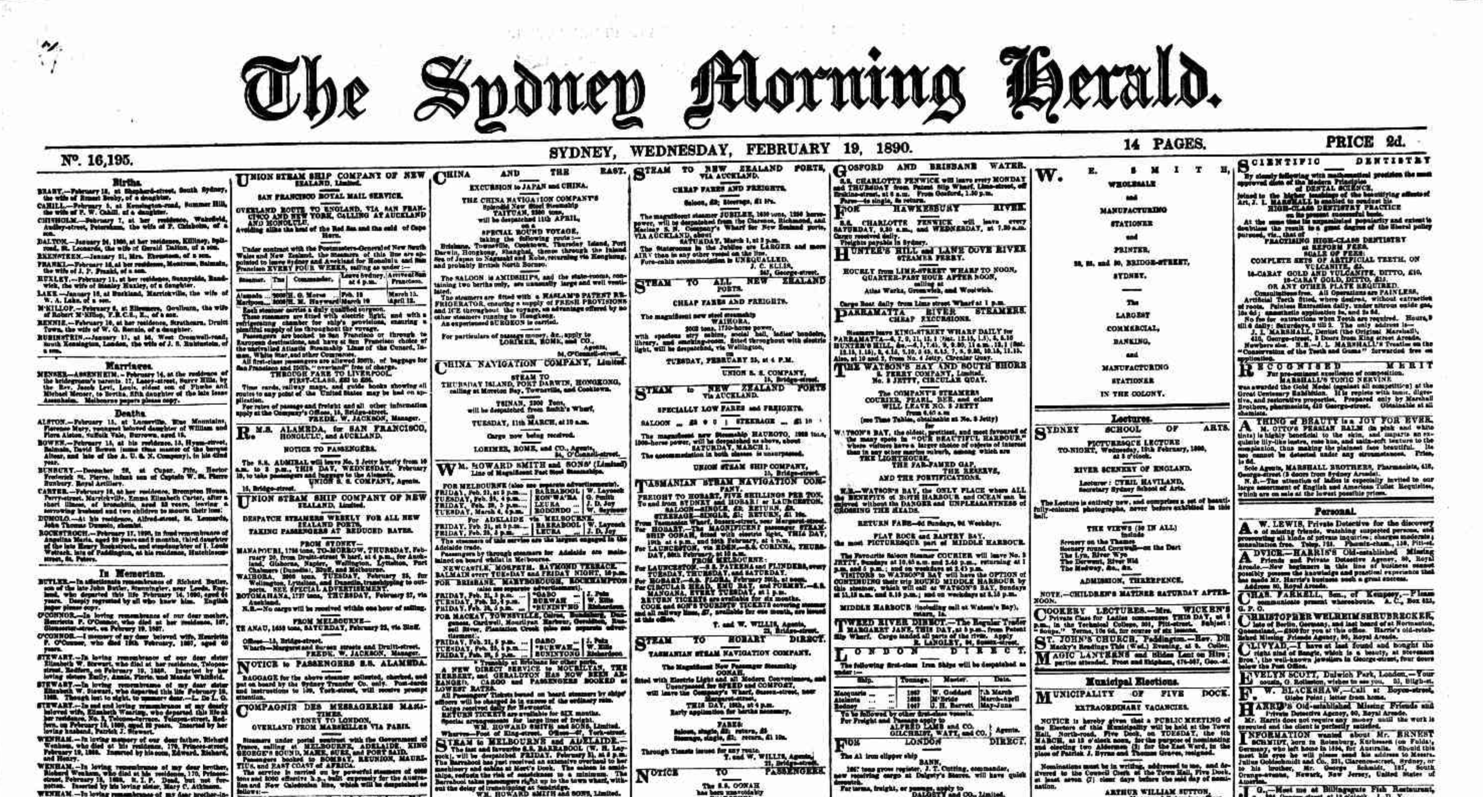 screenshot of a 1890 edition of the Sydney Morning Herald